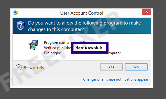 Screenshot where Piotr Kowaluk appears as the verified publisher in the UAC dialog